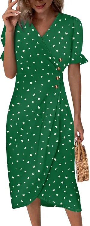 Women's Dresses Casual Summer V Neck Short Sleeve Polka Dot Floral Wrap Hem Midi Dress 2025 Woman Casual, S-3XL