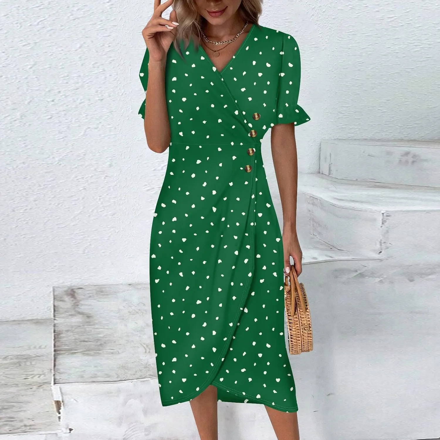 Women's Dresses Casual Summer V Neck Short Sleeve Polka Dot Floral Wrap Hem Midi Dress 2025 Woman Casual, S-3XL