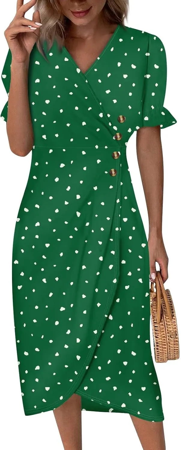Women's Dresses Casual Summer V Neck Short Sleeve Polka Dot Floral Wrap Hem Midi Dress 2025 Woman Casual, S-3XL