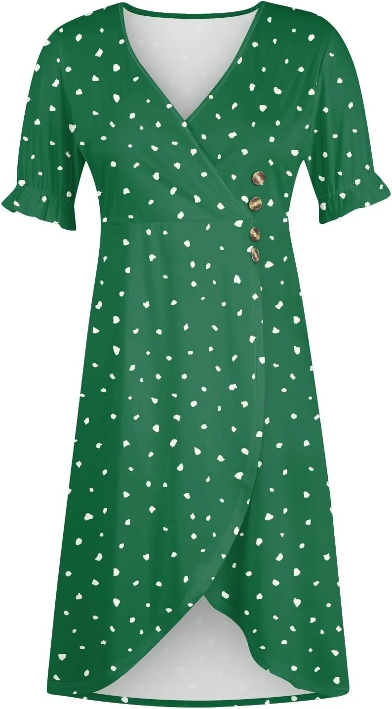 Women's Dresses Casual Summer V Neck Short Sleeve Polka Dot Floral Wrap Hem Midi Dress 2025 Woman Casual, S-3XL