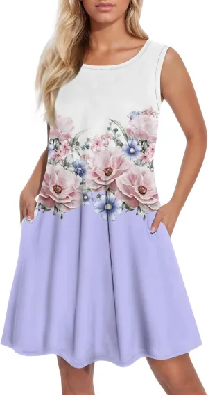 Womens Dresses Spring Tank Sundresses Cover Up Sleeveless Patterned Short Dresses Beach Summer Flowy Dress with Pocket
