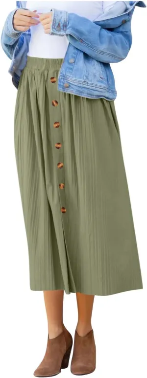 Women's Elastic High Waist Pleated A-Line Midi Skirts Dressy Casual Trendy Button Down Business Work Long Skirt