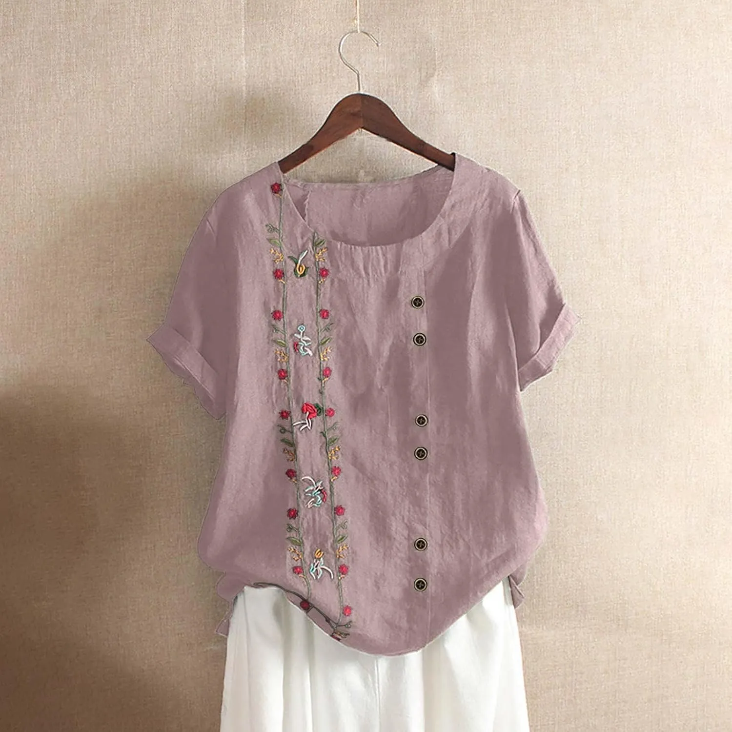 Womens Embroidered Tops Casual Summer Boho T Shirts Loose Fit Short Sleeve Floral Blouses