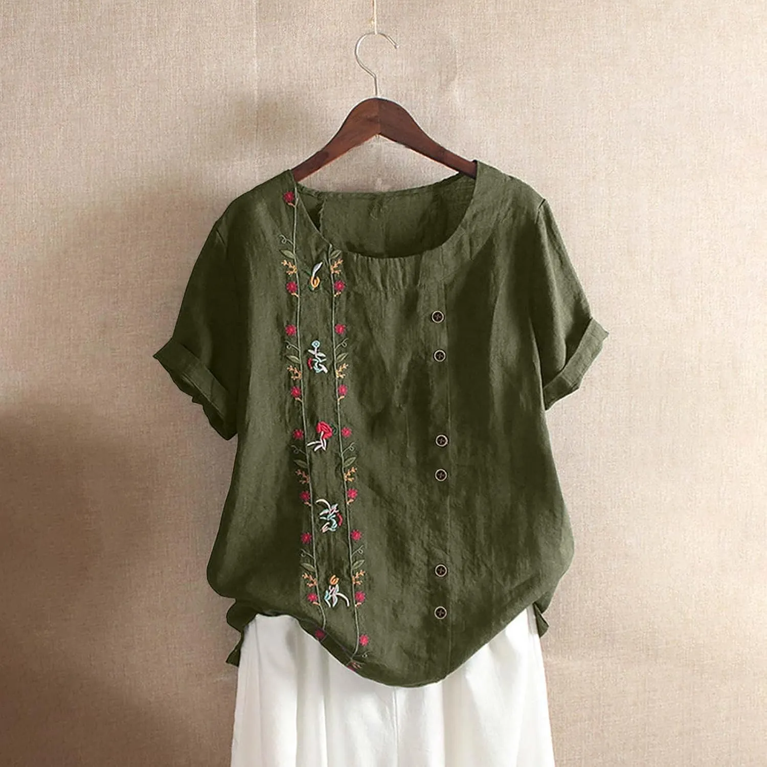 Womens Embroidered Tops Casual Summer Boho T Shirts Loose Fit Short Sleeve Floral Blouses