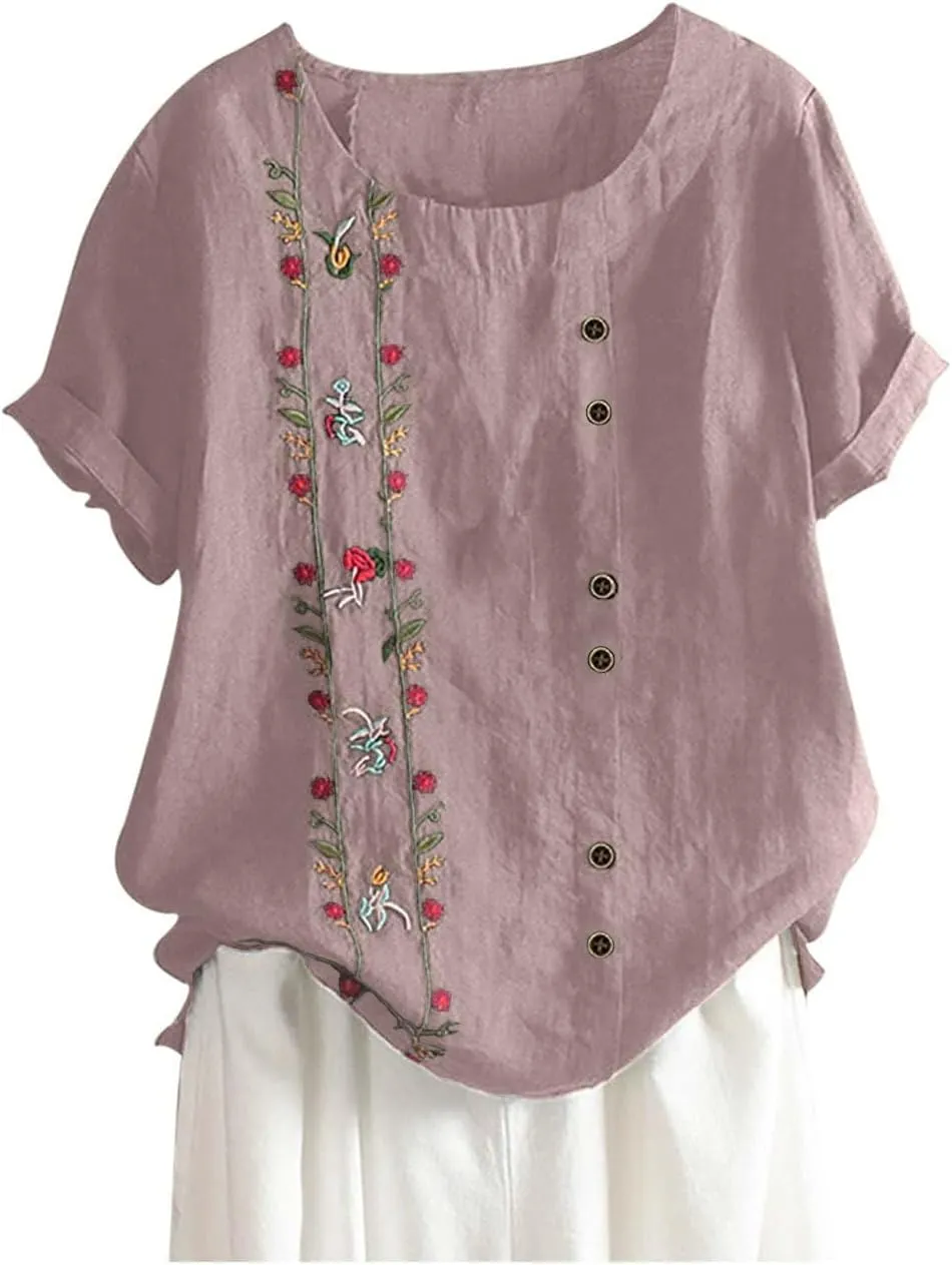 Womens Embroidered Tops Casual Summer Boho T Shirts Loose Fit Short Sleeve Floral Blouses