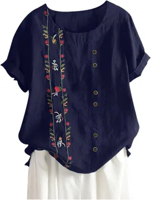 Womens Embroidered Tops Casual Summer Boho T Shirts Loose Fit Short Sleeve Floral Blouses