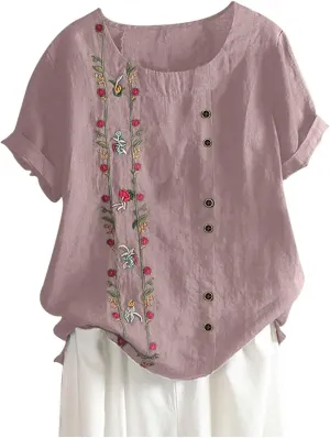 Womens Embroidered Tops Casual Summer Boho T Shirts Loose Fit Short Sleeve Floral Blouses