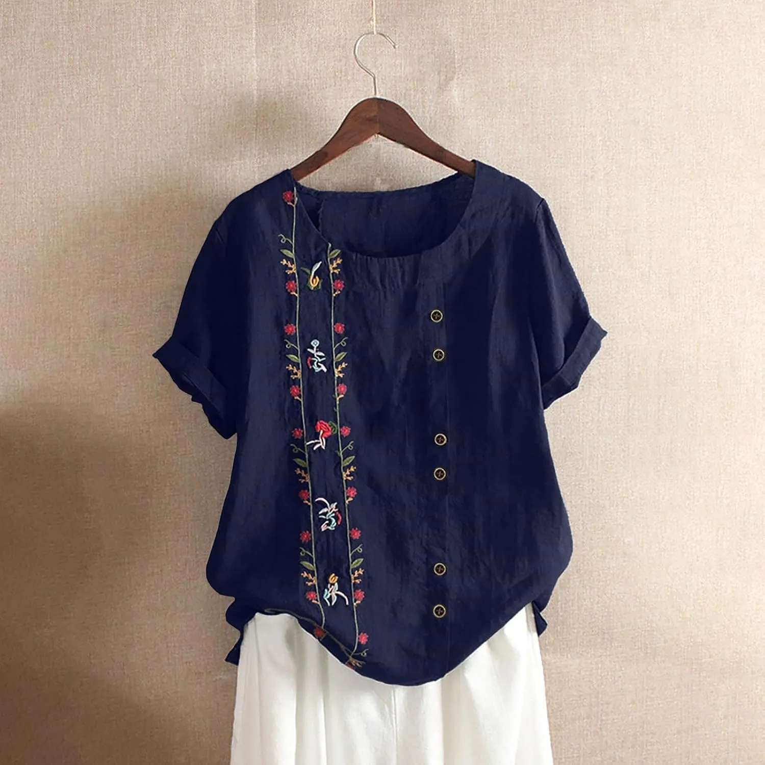 Womens Embroidered Tops Casual Summer Boho T Shirts Loose Fit Short Sleeve Floral Blouses