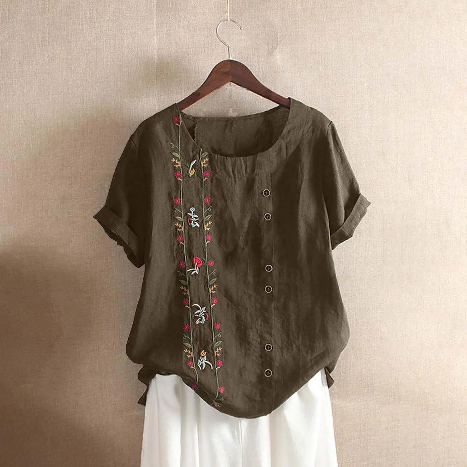 Womens Embroidered Tops Casual Summer Boho T Shirts Loose Fit Short Sleeve Floral Blouses