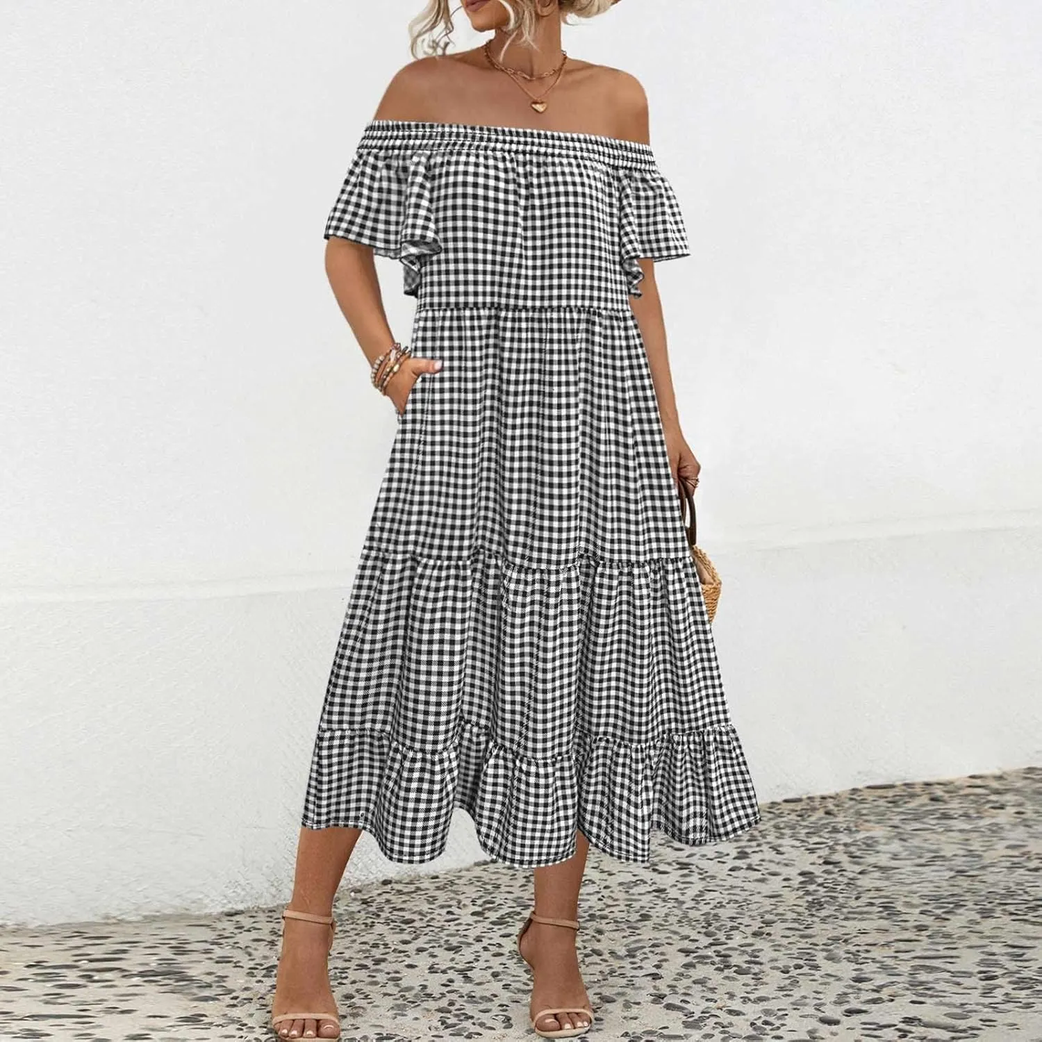Women's Floral A Line Summer Casual Beach Vacation Long Dress Casual Boho Off Shoulder Floral Print Long Dress