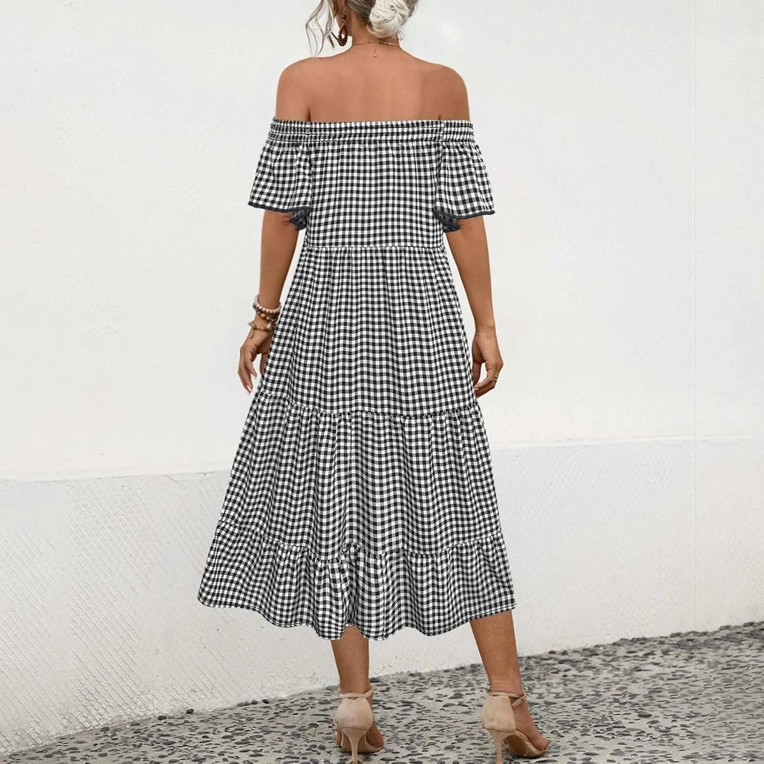 Women's Floral A Line Summer Casual Beach Vacation Long Dress Casual Boho Off Shoulder Floral Print Long Dress
