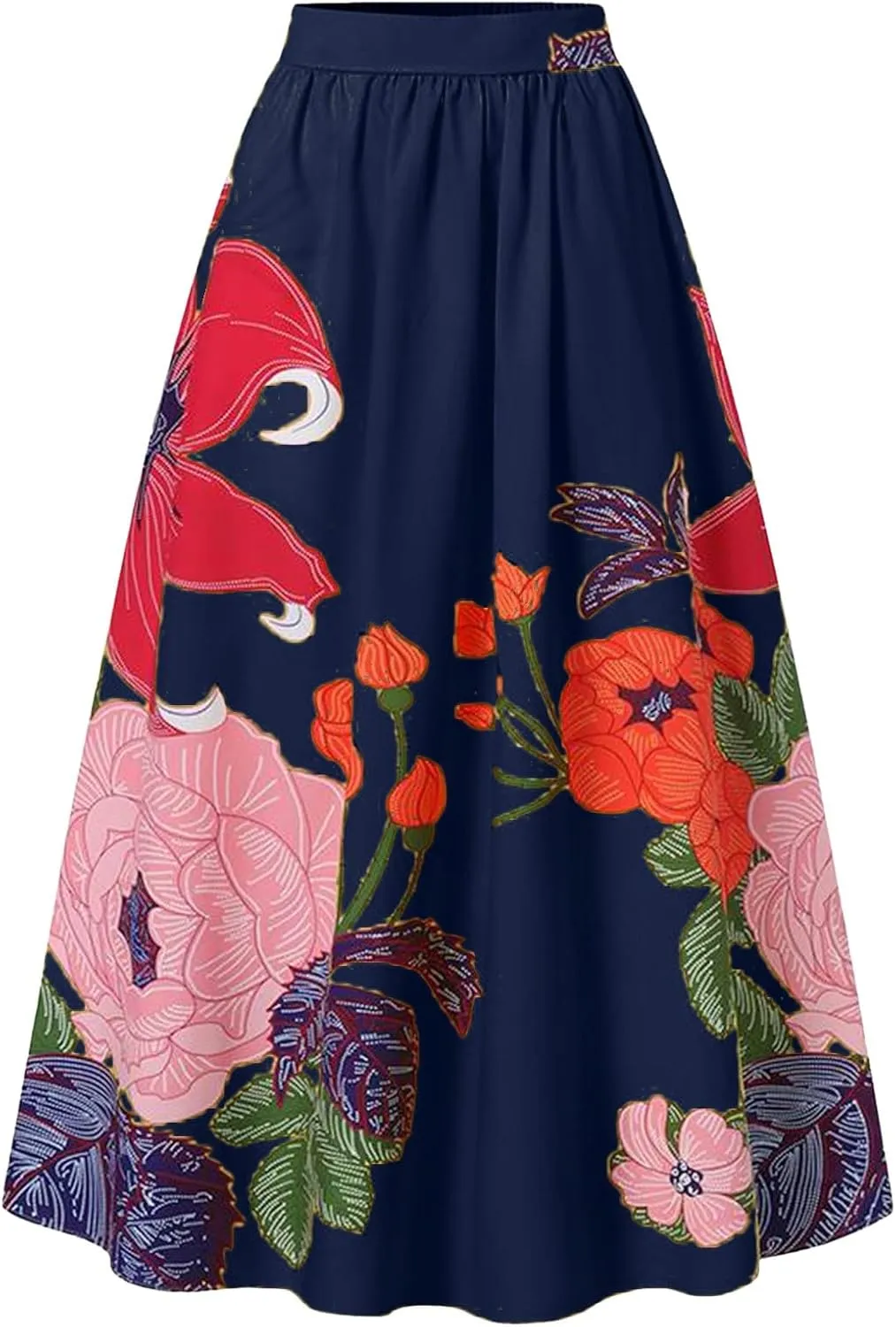 Women's Floral Ruffle Skirts Boho Maxi Skirt Plus Size High Waist Fashion Loose Hem Backless Beach Dresses Pocket