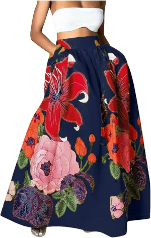 Women's Floral Ruffle Skirts Boho Maxi Skirt Plus Size High Waist Fashion Loose Hem Backless Beach Dresses Pocket