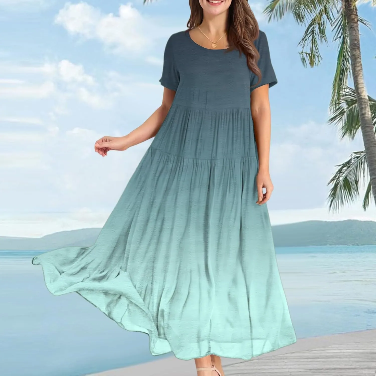 Women's Flowy Floral Print Flutter Dress Beach Floral Dress, Plus Size Bohemian Dresses Midi Length Spring/Summer