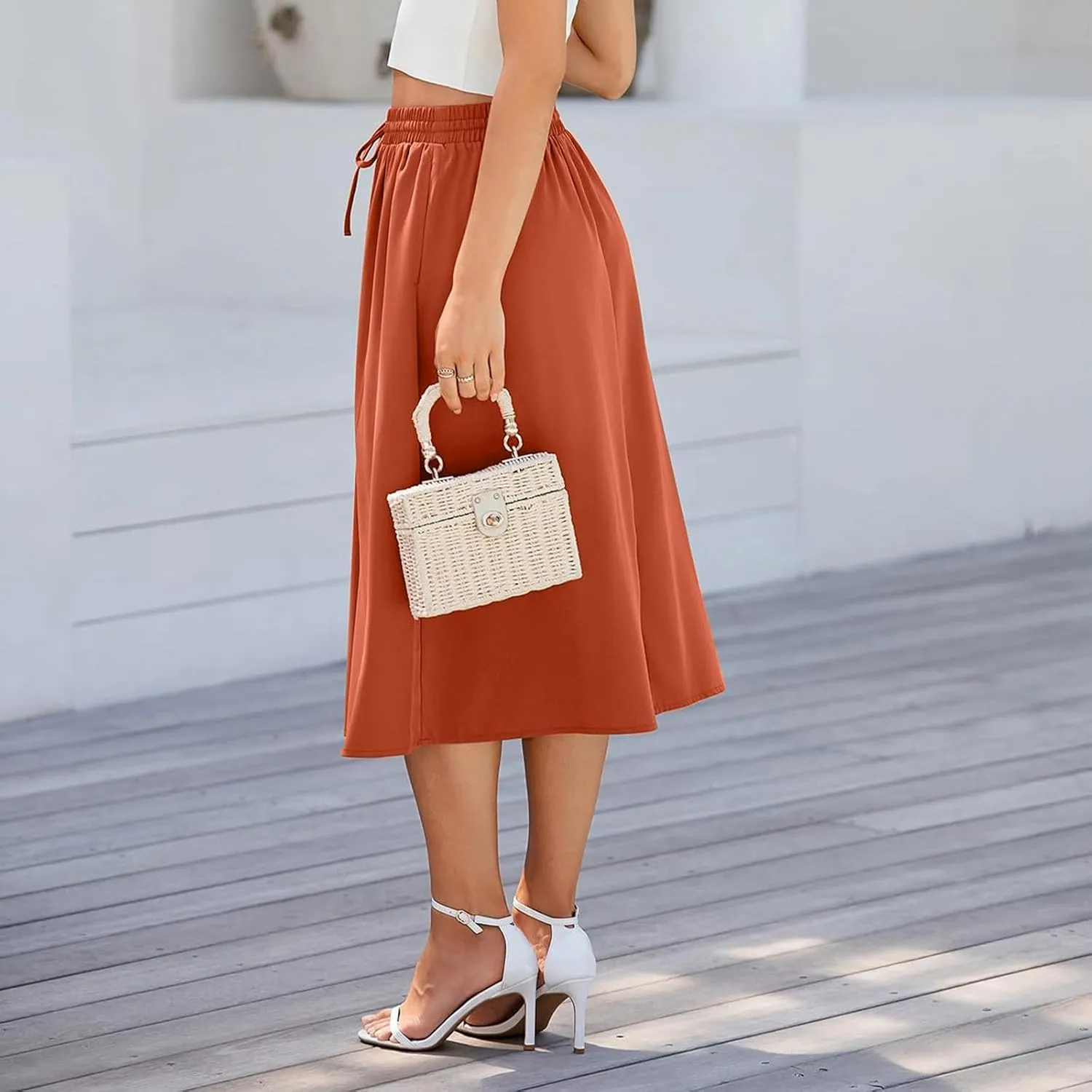 Women's Flowy Midi Skirts Elastic High Waist A-Line Casual Ruffle Skirts Pleated Boho Floral Skirts with Pockets
