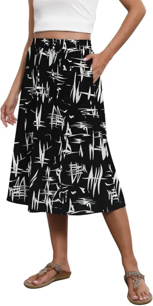 Women's Flowy Midi Skirts Elastic High Waist A-Line Casual Ruffle Skirts Pleated Boho Floral Skirts with Pockets