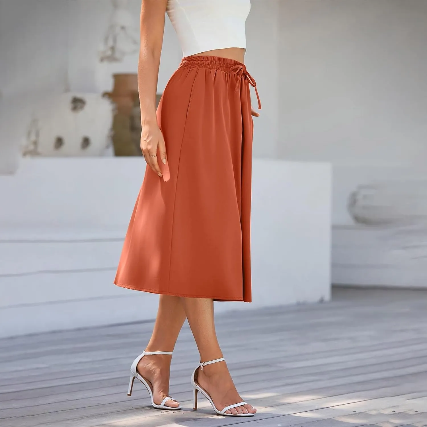 Women's Flowy Midi Skirts Elastic High Waist A-Line Casual Ruffle Skirts Pleated Boho Floral Skirts with Pockets
