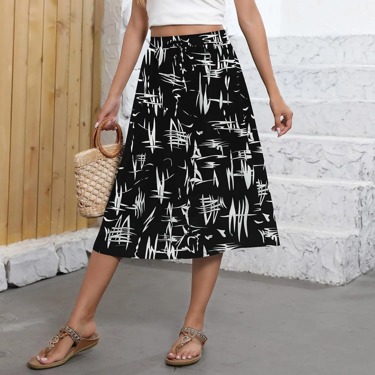 Women's Flowy Midi Skirts Elastic High Waist A-Line Casual Ruffle Skirts Pleated Boho Floral Skirts with Pockets