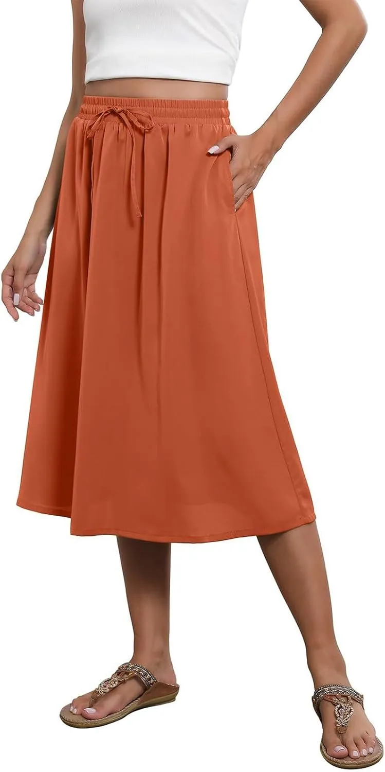 Women's Flowy Midi Skirts Elastic High Waist A-Line Casual Ruffle Skirts Pleated Boho Floral Skirts with Pockets