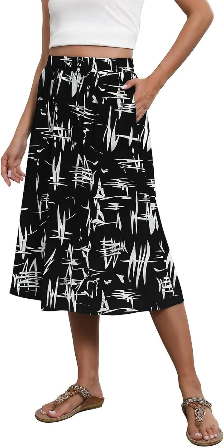 Women's Flowy Midi Skirts Elastic High Waist A-Line Casual Ruffle Skirts Pleated Boho Floral Skirts with Pockets