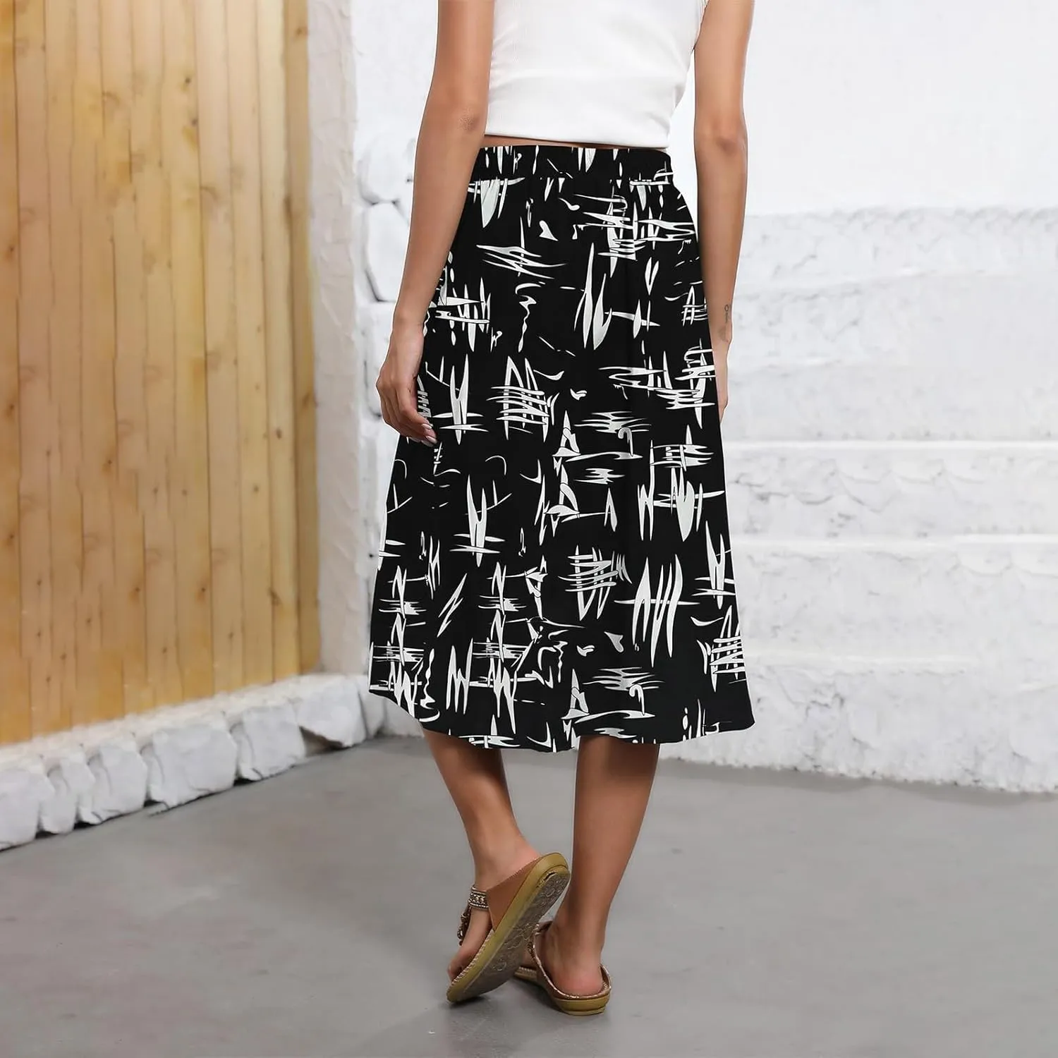 Women's Flowy Midi Skirts Elastic High Waist A-Line Casual Ruffle Skirts Pleated Boho Floral Skirts with Pockets