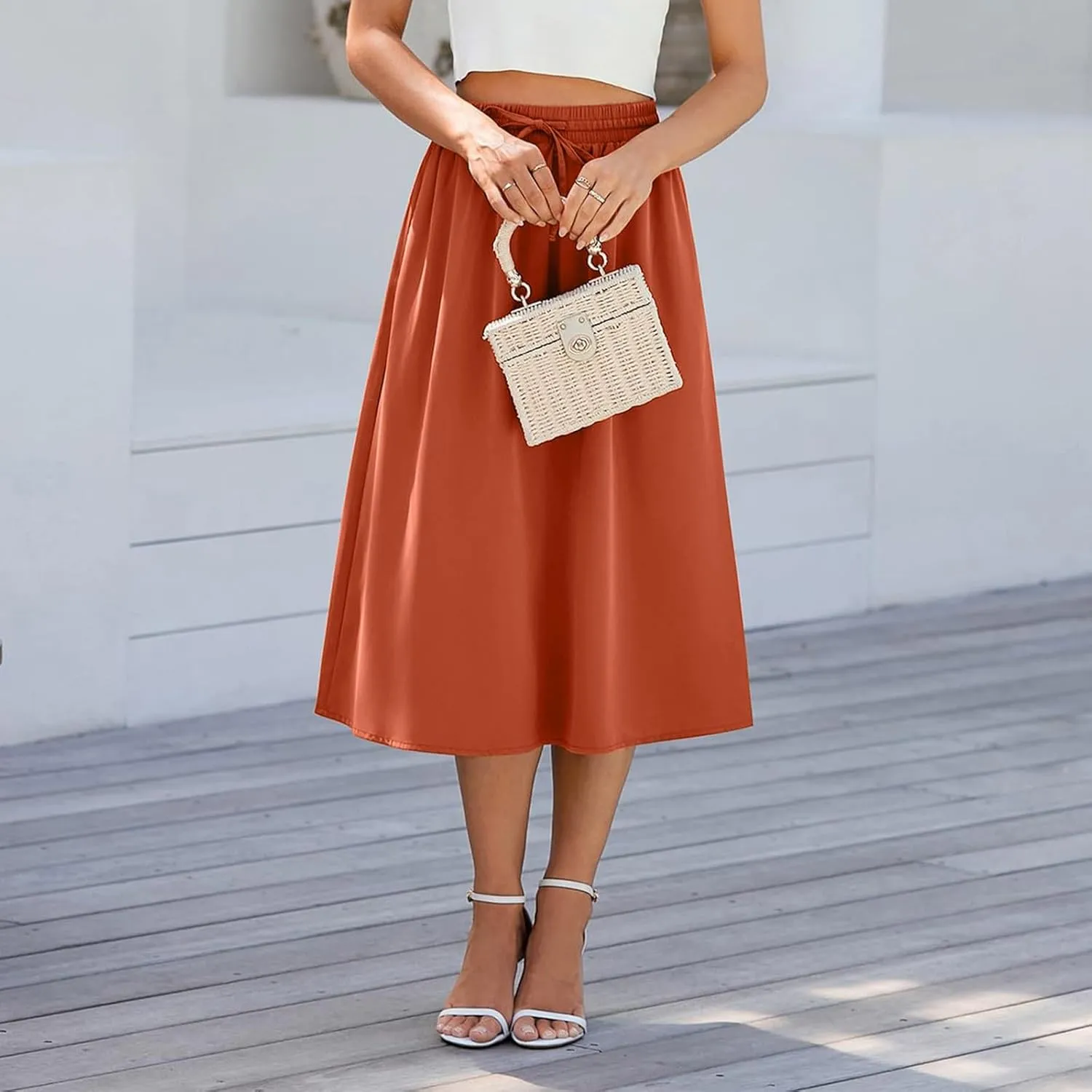 Women's Flowy Midi Skirts Elastic High Waist A-Line Casual Ruffle Skirts Pleated Boho Floral Skirts with Pockets