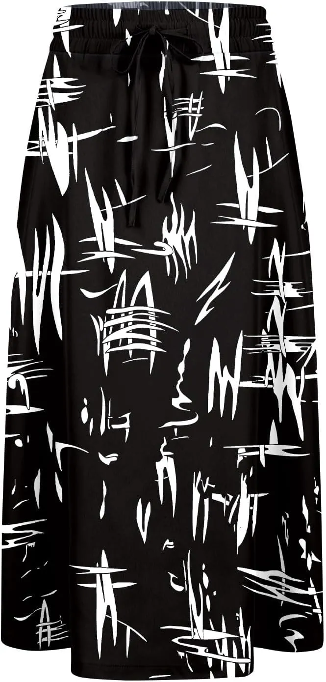 Women's Flowy Midi Skirts Elastic High Waist A-Line Casual Ruffle Skirts Pleated Boho Floral Skirts with Pockets