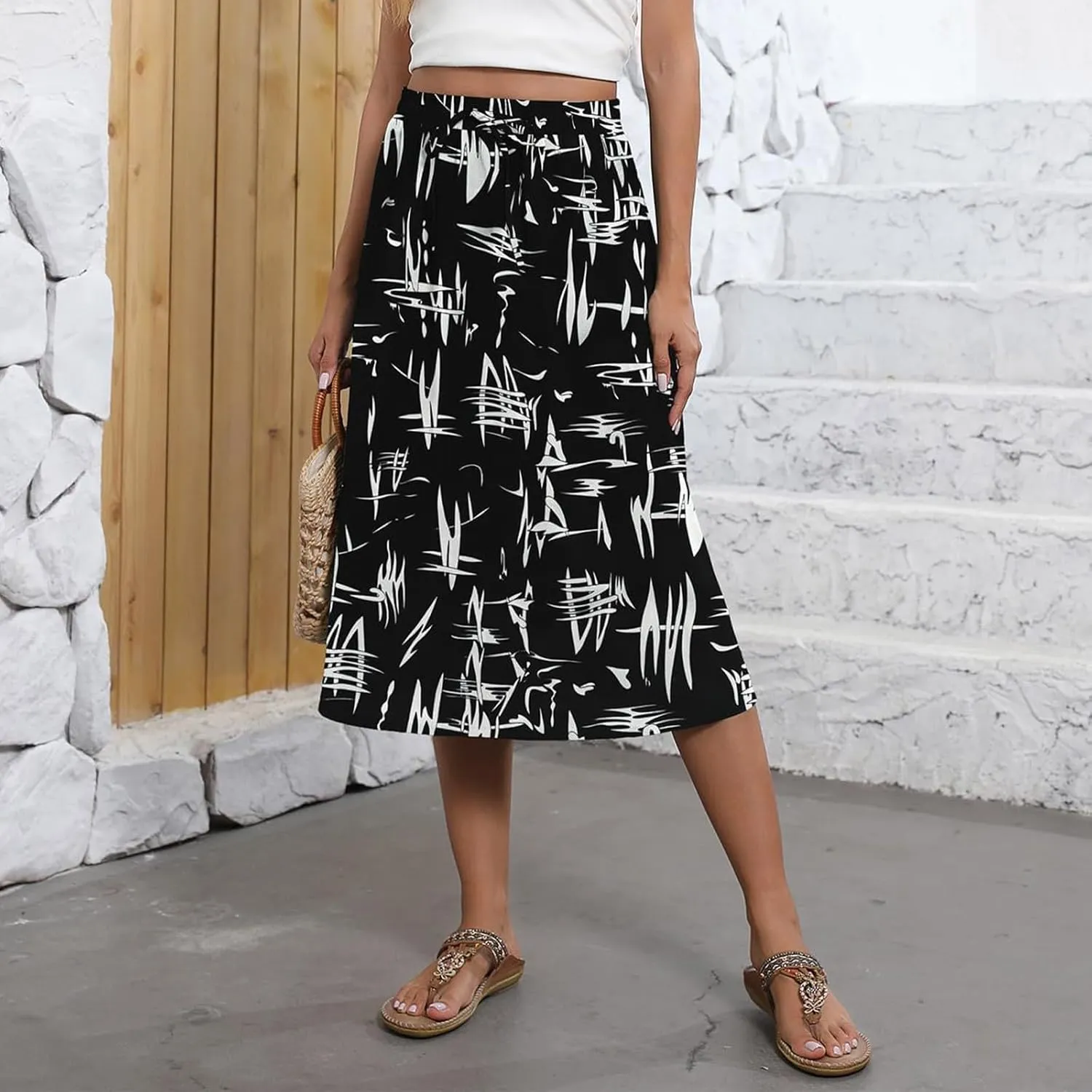 Women's Flowy Midi Skirts Elastic High Waist A-Line Casual Ruffle Skirts Pleated Boho Floral Skirts with Pockets