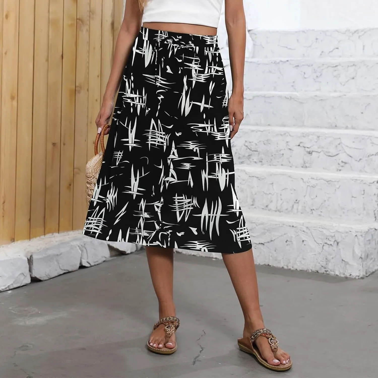 Women's Flowy Midi Skirts Elastic High Waist A-Line Casual Ruffle Skirts Pleated Boho Floral Skirts with Pockets