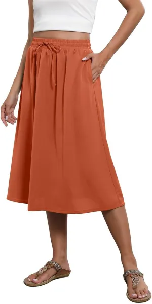 Women's Flowy Midi Skirts Elastic High Waist A-Line Casual Ruffle Skirts Pleated Boho Floral Skirts with Pockets