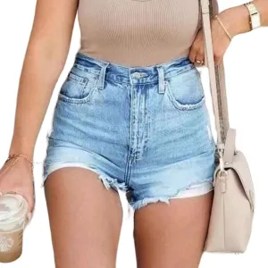 Womens High Waisted Jean Shorts Ripped Casual Stretchy Denim Shorts Slim Fit Short Pant Frayed Raw Hem Denim Pant
