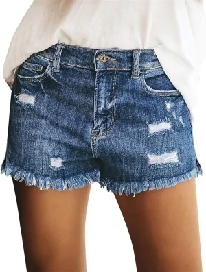Womens Jean Shorts Summer Casual High Waisted Stretch Denim Shorts Frayed Raw Hem Ripped Denim Jean Shorts with Pockets