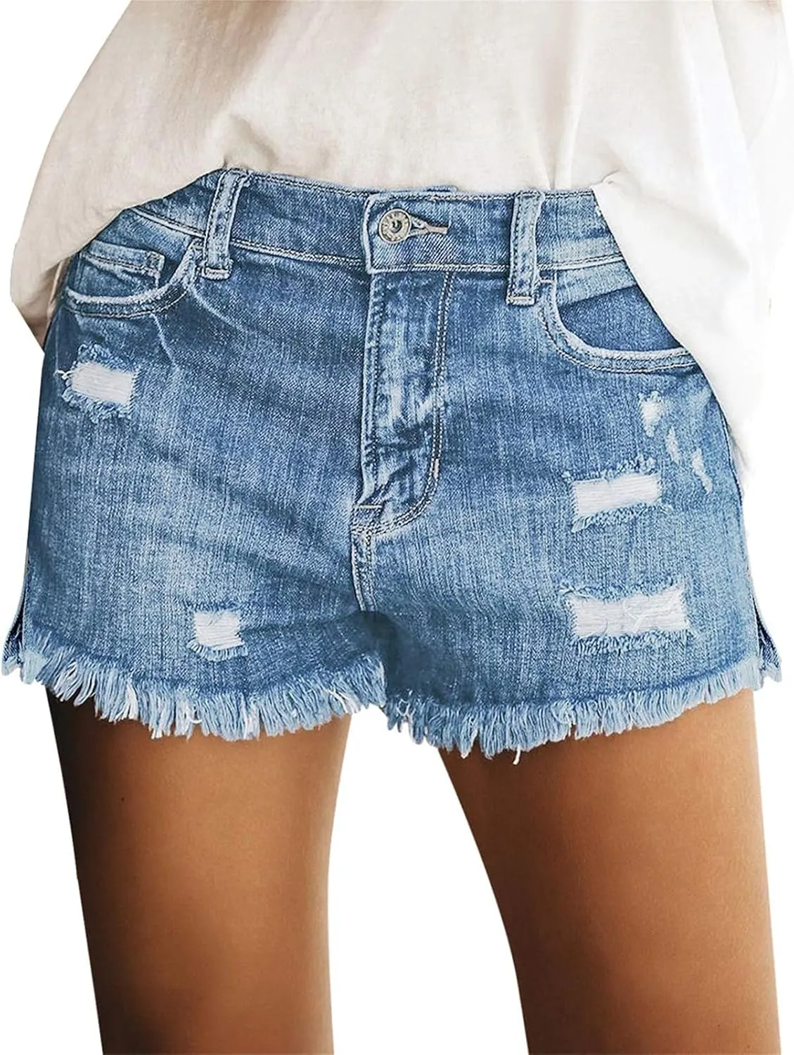 Womens Jean Shorts Summer Casual High Waisted Stretch Denim Shorts Frayed Raw Hem Ripped Denim Jean Shorts with Pockets