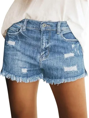 Womens Jean Shorts Summer Casual High Waisted Stretch Denim Shorts Frayed Raw Hem Ripped Denim Jean Shorts with Pockets
