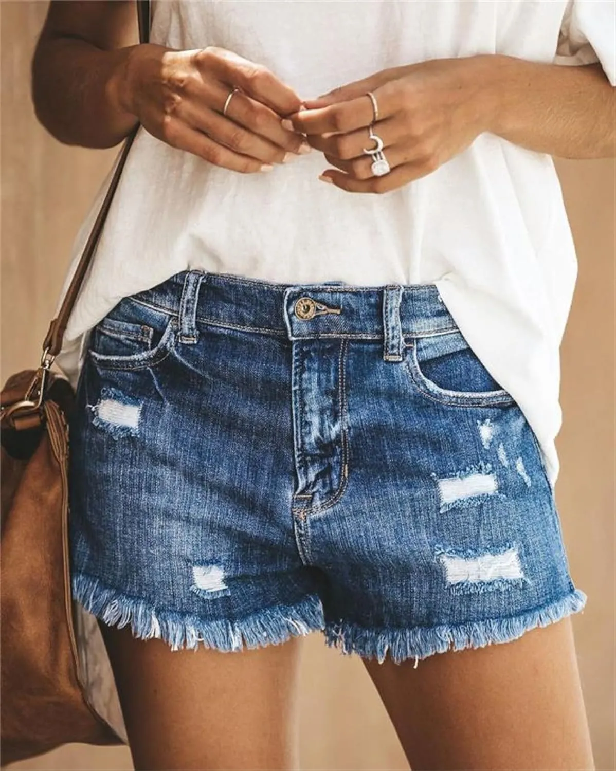 Womens Jean Shorts Summer Casual High Waisted Stretch Denim Shorts Frayed Raw Hem Ripped Denim Jean Shorts with Pockets