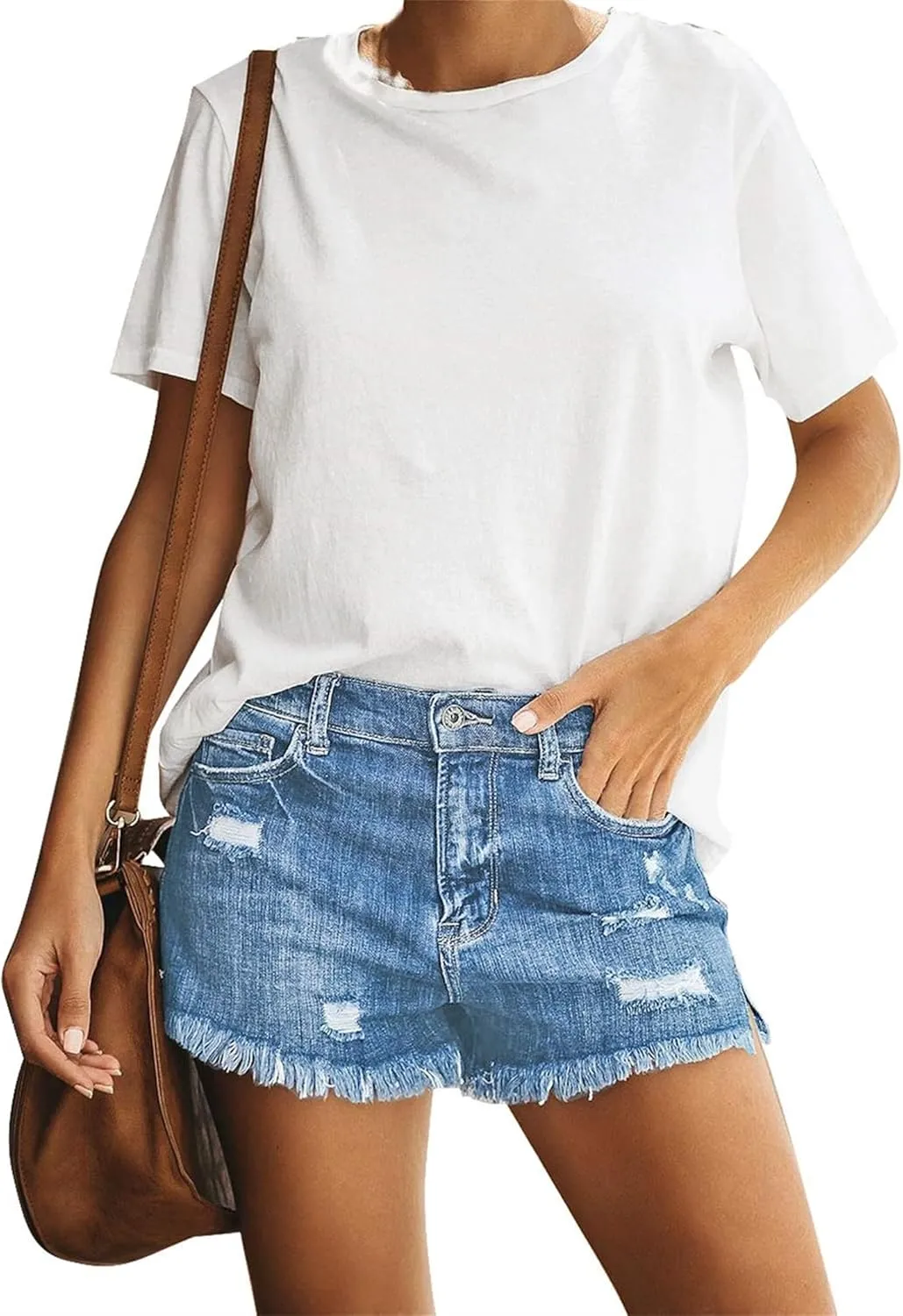 Womens Jean Shorts Summer Casual High Waisted Stretch Denim Shorts Frayed Raw Hem Ripped Denim Jean Shorts with Pockets