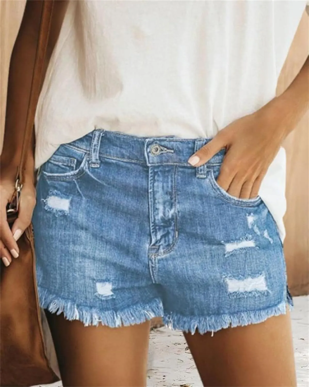 Womens Jean Shorts Summer Casual High Waisted Stretch Denim Shorts Frayed Raw Hem Ripped Denim Jean Shorts with Pockets