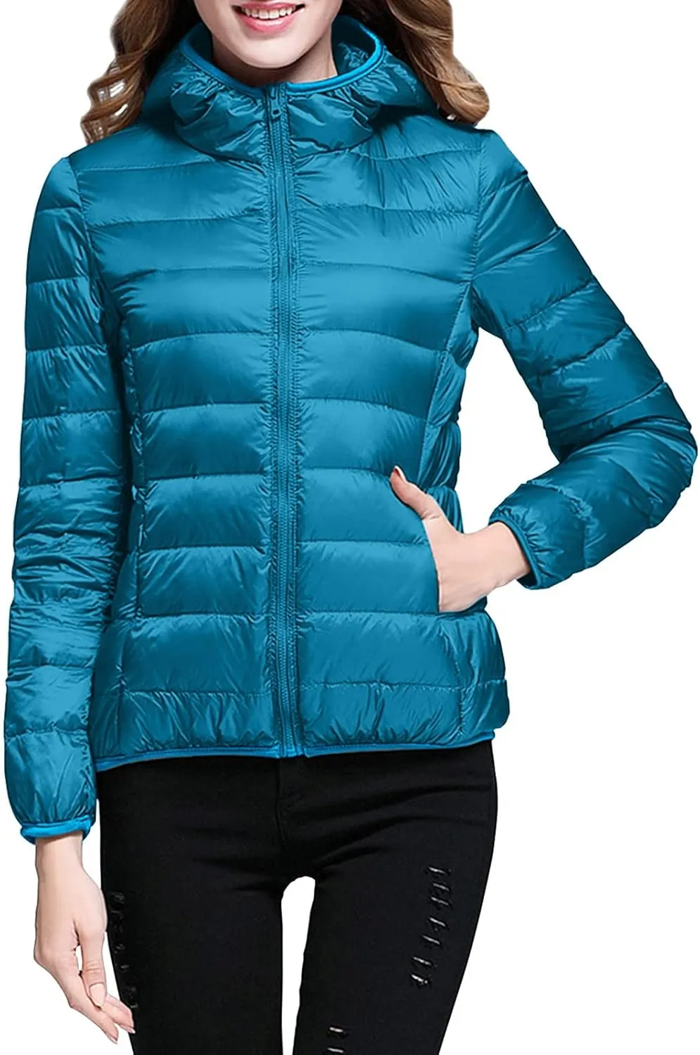 Women's Lightweight Jackets Zipper Hooded Packable Short Down Jackets Winter Quilted Puffer Outwear with Pockets
