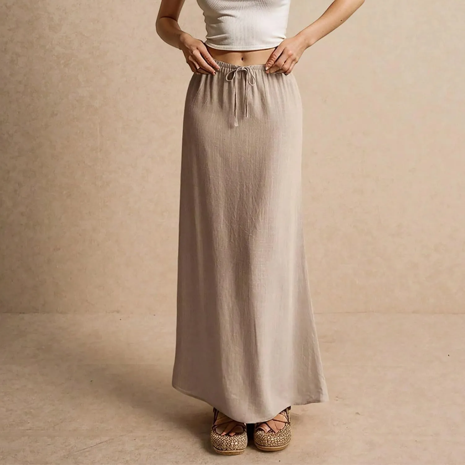 Womens Linen Maxi A-line Long Summer Skirt Elastic High Waist Flowy Skirt
