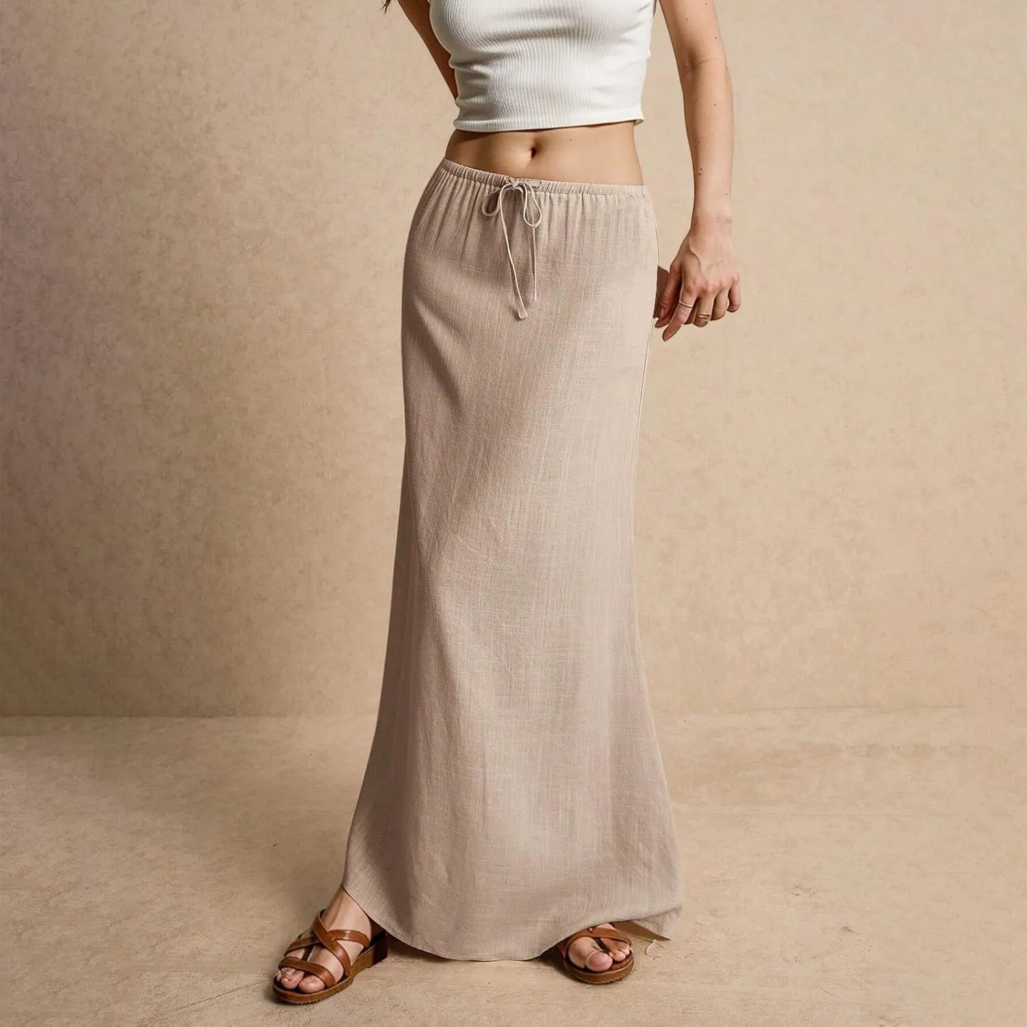 Womens Linen Maxi A-line Long Summer Skirt Elastic High Waist Flowy Skirt