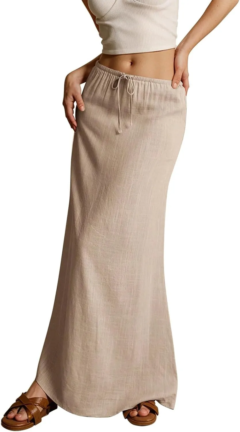 Womens Linen Maxi A-line Long Summer Skirt Elastic High Waist Flowy Skirt