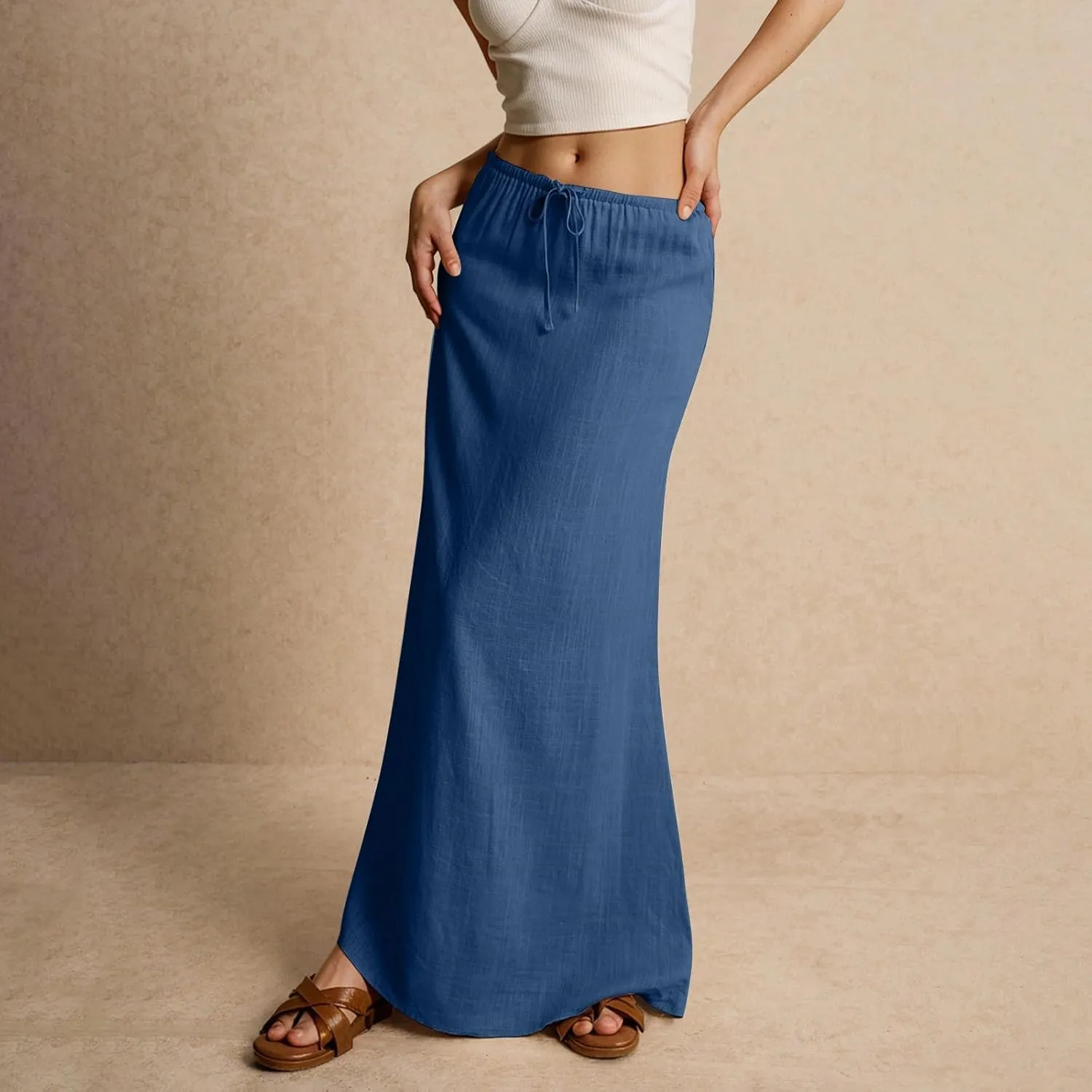 Womens Linen Maxi Skirt Elastic High Waist Swing Tiered A-line Flowy Pleated Beach Vacation Long Skirts