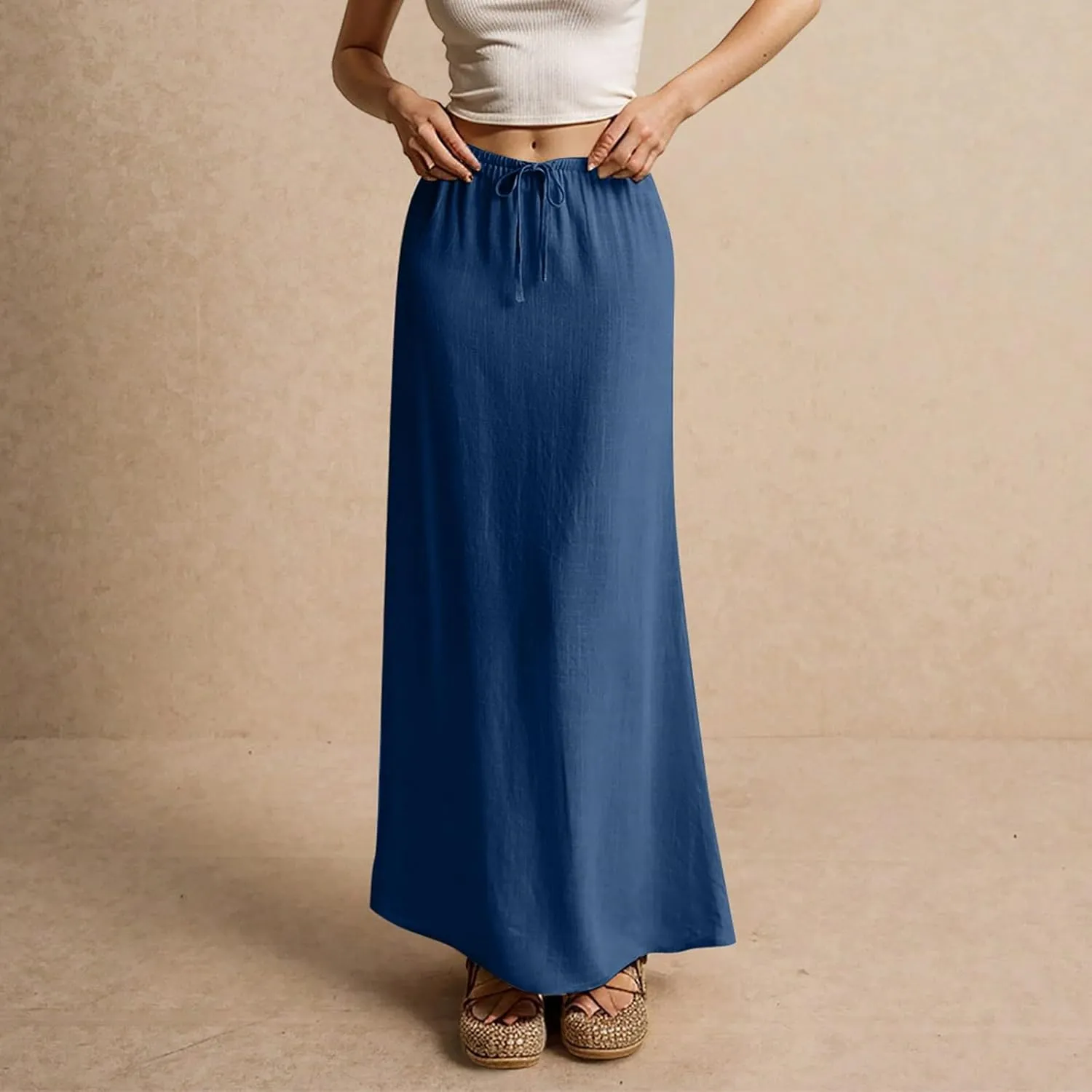 Womens Linen Maxi Skirt Elastic High Waist Swing Tiered A-line Flowy Pleated Beach Vacation Long Skirts