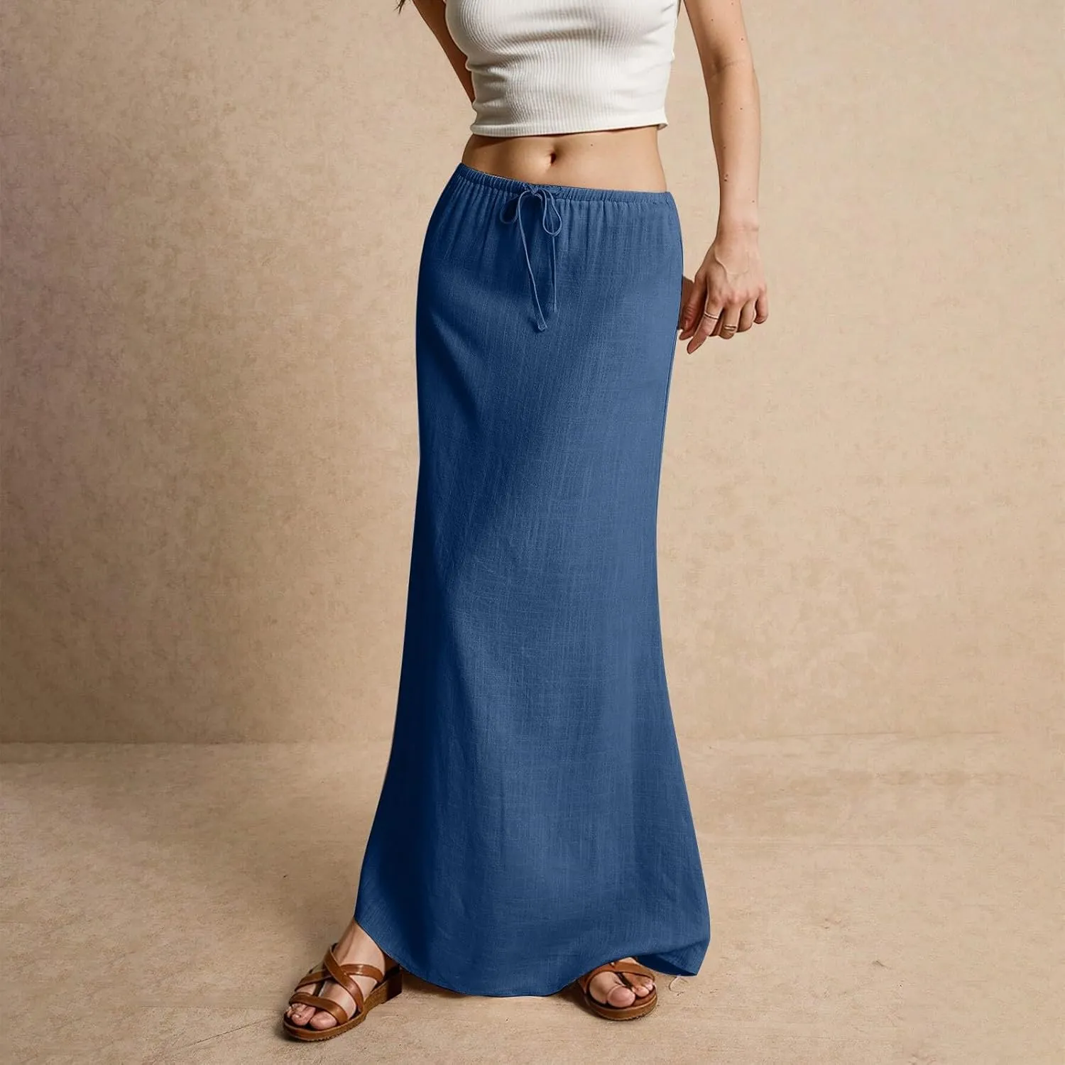 Womens Linen Maxi Skirt Elastic High Waist Swing Tiered A-line Flowy Pleated Beach Vacation Long Skirts