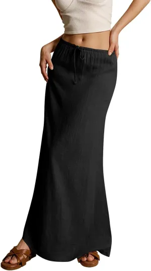 Womens Linen Maxi Skirt Elastic High Waist Swing Tiered A-line Flowy Pleated Beach Vacation Long Skirts