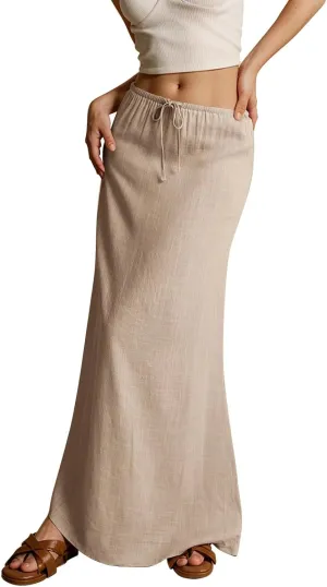 Womens Linen Maxi Skirt Elastic High Waist Swing Tiered A-line Flowy Pleated Beach Vacation Long Skirts