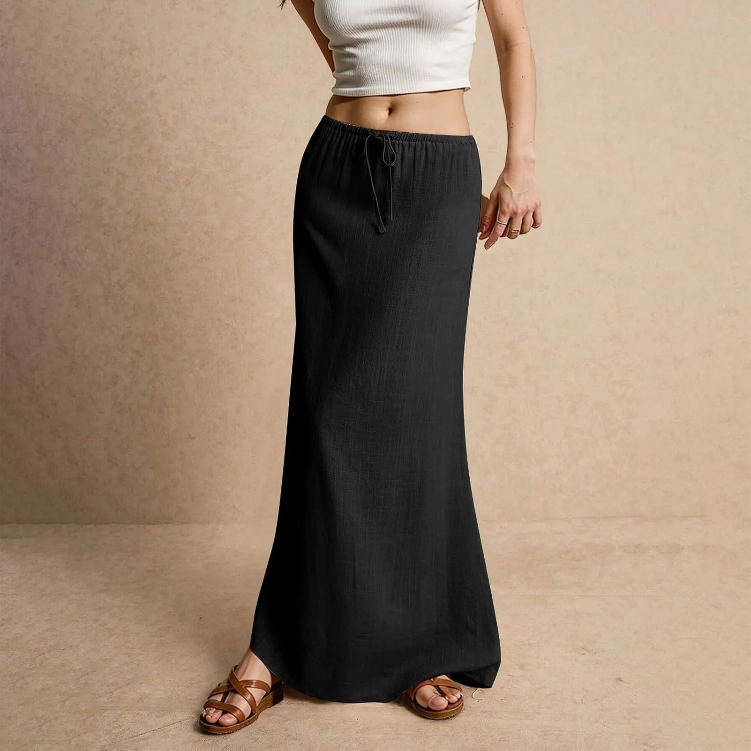 Womens Linen Maxi Skirt Elastic High Waist Swing Tiered A-line Flowy Pleated Beach Vacation Long Skirts