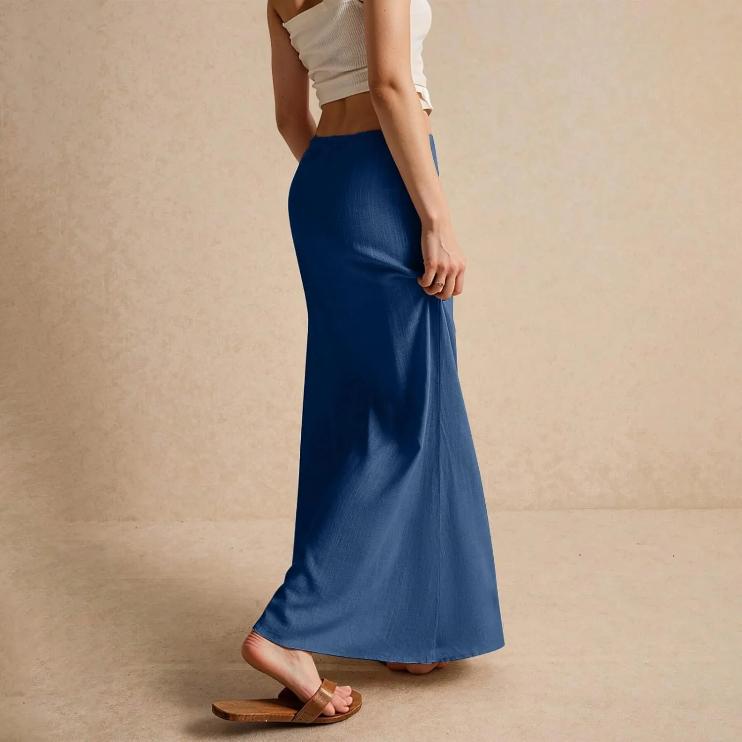 Womens Linen Maxi Skirt Elastic High Waist Swing Tiered A-line Flowy Pleated Beach Vacation Long Skirts