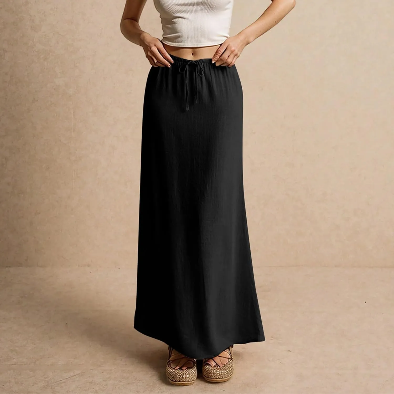 Womens Linen Maxi Skirt Elastic High Waist Swing Tiered A-line Flowy Pleated Beach Vacation Long Skirts