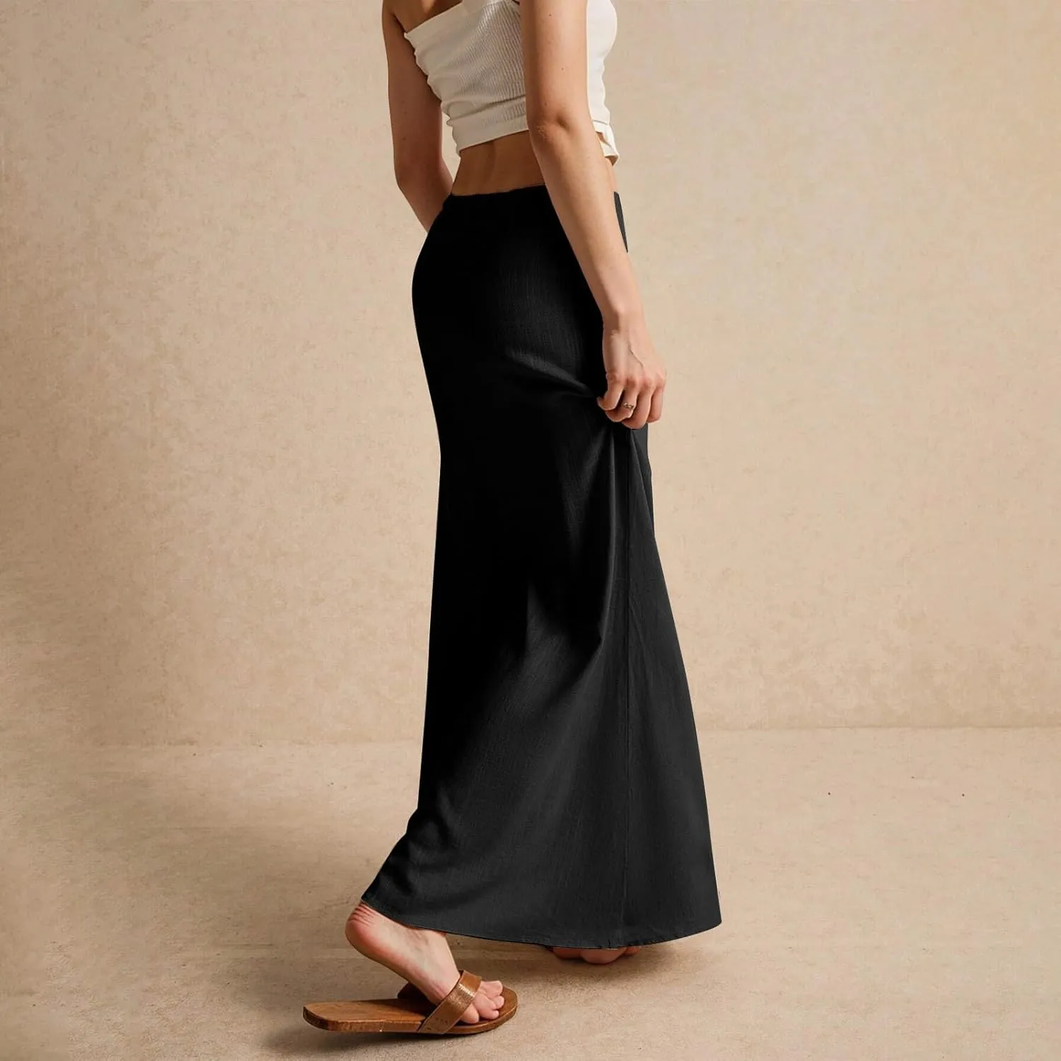 Womens Linen Maxi Skirt Elastic High Waist Swing Tiered A-line Flowy Pleated Beach Vacation Long Skirts